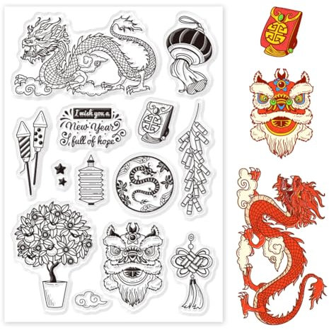 PH PandaHall Year Of The Dragon Patterns Transparente Stempel Für Die Kartenherstellung Laternen Stempel Transparentes Papier Bastelstempel Für DIY Scrapbooking Stempel Frühlingsfest Dekoration
