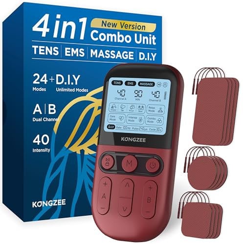 4 in 1 Heimwerken ens-Gerät EMS Massage Muskel & Nervenstimulationsgeräte, Zweikanal-TENS-Geräte-Therapiegerät zur Schmerzlinderung, von der FDA Impulsmassagegerät, mit 12 Elektrodenpads