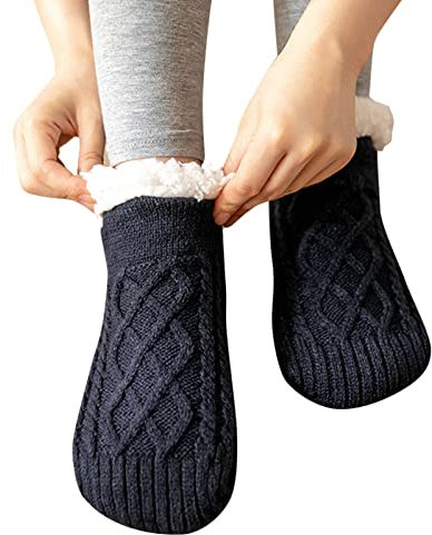 DUHGBNE Chaussettes de Noël pour femme - Doublées en polaire - Chaussettes chaudes avec pinces en silicone - Chaussettes pour micro-ondes, Marine, taille unique