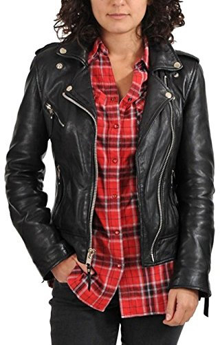 SID Damen Moto Lammfell Lederjacke Bikerjacke, Blassschwarz, XX-Small