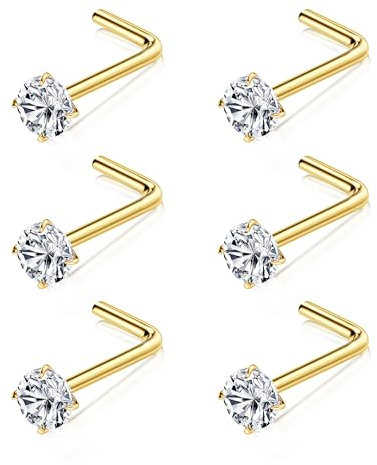 Chriscoco 6 Pièces Piercing Nez Titane G23 Piercing Nez Forme L Percing Nez 3mm Cubique Zircone CZ Piercing Bijoux de Corps Piercing Nez Or Percing au Nez 20G
