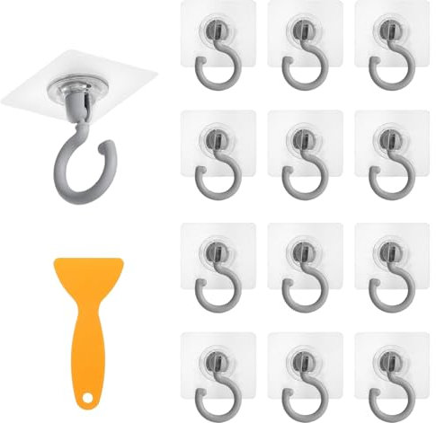 12 PCS Ganchos Autoadhesivos, Gancho de Techo Transparentes Giratorio 360° con 1 Rascador de Plástico, Enganches para Pared Sin Taladro, Adhesivas Colgadores de Toalla para Baño/Aseo/Cocina (Gris)