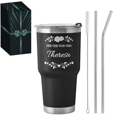 Maverton Edelstahl Kaffeebecher To Go mit Gravur 800 ml Schwarz - Thermobecher mit 2 Strohhalmen & Reinigungsbürste - Geschenke für Frauen - personalisiertes Geschenk für Oma