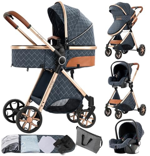 Magic ZC Kinderwagen 3 in 1, Kombikinderwagen 3 in 1 Komplettset mit Umkehrbarem Zwei-Wege-Schub, Buggy mit Zubehör Hohe Landschaft, Faltbarem Tragbarem One-Click-Design (V9 Blue)