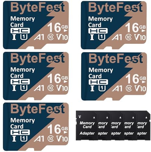 ByteFest 5 Pack 16GB MicroSD Card with 5 Adapter, UHS-I U1 High Speed TF Card A1 C10 V10, FHD Video, 80MB/s, Micro SDHC Flash Memory Card for MP3 MP4 Player/Camera/Android Phones/Tablets/Dash Cams