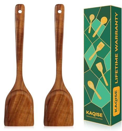 Wooden Spatulas, KAQISE 2 Pack Handmade Wooden Wok Spatula, Natural Teak Wood Turner Flipper, Smooth Finish Cooking Spurtle Kitchen Utensils Set