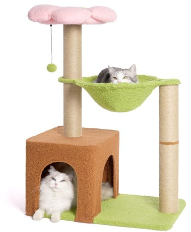 Pawfessor Flower Cat Tree 34 Inches Scratching Post Small Cat Tower for Large Cats, with 15.7”Large Hammock, Removable Top Bed and Wide Condo for Indoor Cats-Pink