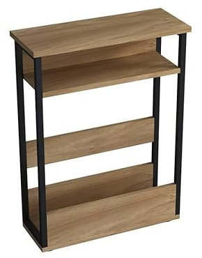 URBNLIVING Modern 3-Tier Slim Coffee Side Oak Table with Storage, Newspaper Magazine Shelf Rack, Skinny Compact Nightstand, Space-Saving Bedside Sofa End Desk for Small Spaces