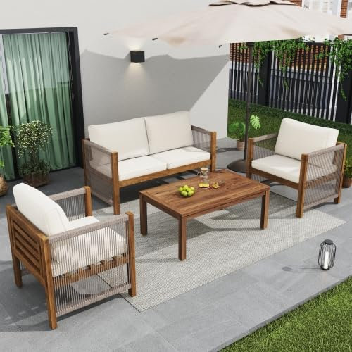 Loungeset Gartenmöbel Set mit Doppelsofa, 2 Sessel & Tisch, Balkonmöbel Set Terassenmöbel Sitzgruppe Sitzgarnitur Lounge Möbel Outdoor mit Sitzkissen & Rückenkissen, Akazienholz+Seil+Polyester,Beige