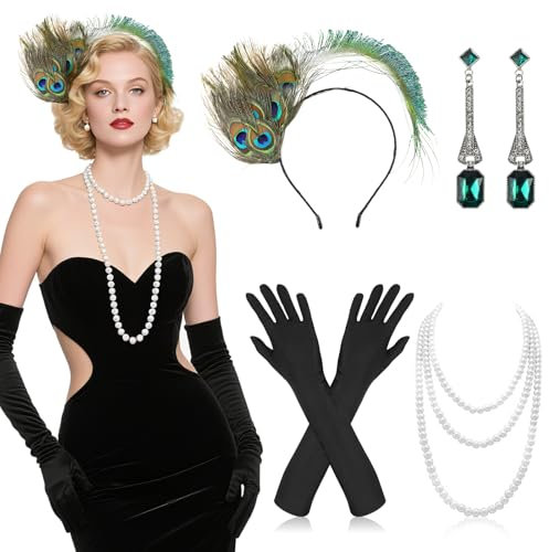 TOPBELIEF 4 Stück 20er Jahre Accessoires, 1920er Federstirnband, Pfau Kopfschmuck, Great Gatsby Accessoires Damen, Mit Handschuhen, Stirnband, Halskette für Maskerade Halloween Teeparty