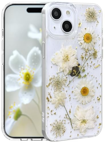 Efitoo for iPhone 14 Plus/15 Plus Case Clear Glitter with Flowers Design Real Dried Pressed Floral Gold Sparkle Cute Soft Slim Aesthetic Shockproof Protective Girly Women Girls Phone Cover (White)