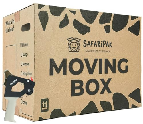 SAFARIPAK - 30 Pack Strong Large Reusable Cardboard Storage Packing Moving House Boxes 52cm x 30cm x 30cm with Carry Handles and Room List Checkboxes - 47 Litres Capacity - Inc. Tape Dispenser Gun