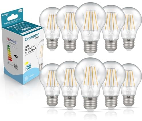 Crompton Lamps Filament GLS LED Light Bulb ES-E27 | 10.5W = 100W Equivalent | Cool White 4000K | Energy Efficient | Edison Screw Lightbulb | Long Life 15,000-Hrs | Clear Glass | 10-Pack