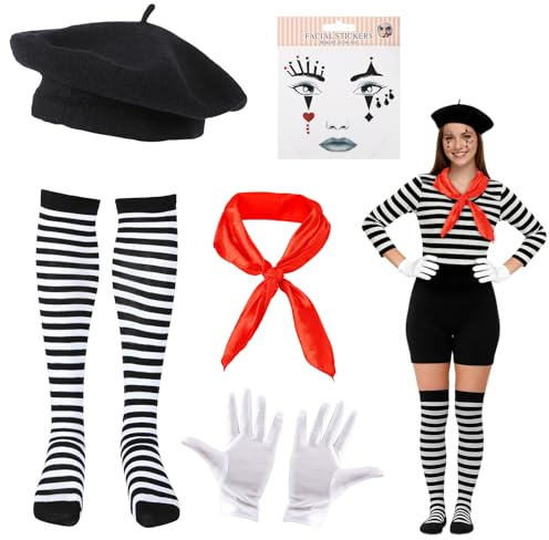 VeLoscient Karneval Pantomime Kostüm Damen Herren, 5 Stück Clown Kostüm mit Baskenmütze Schal Handschuhe Gestreifte Socken und Gesichtstattoo, Faschingskostüme für Halloween Fasching Cosplay Party