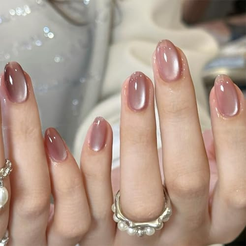 Nymora 24 Pieces Pink Cat-Eye Nail Stickers,Pink Cat-Eye Press on Nails for Women DIY Nail Design