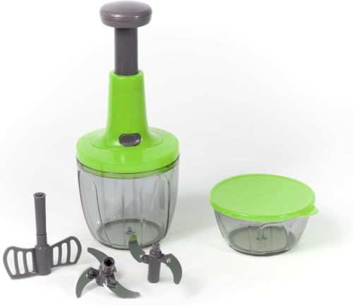 FENIX HOME Mixer Tritatutto Manuale, 5 Lame acciaio Inox, Trita Verdure, Frullatore Manuale, Taglio di Cipolla, Tritaverdure da Cucina, press Chopper, 2 Contenitori 900 + 500 ml