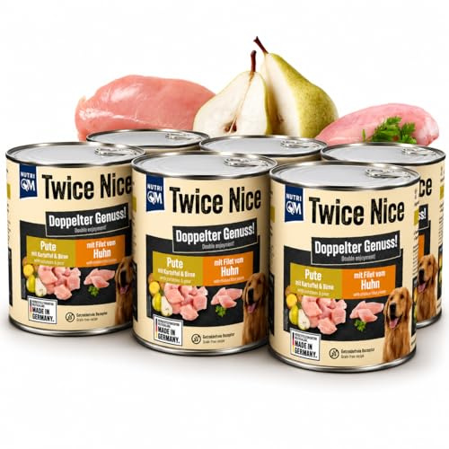 NutriQM Twice Nice Pute Nassfutter für Hunde - 6 x 800g – Premium Hundefutter Nass mit Pute & Hühnerfilet, Kartoffel & Birne - Getreidefrei & Wohl bekömmlich - Inklusive Dosendeckel - Made in Germany