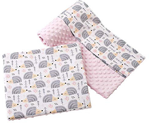 Medi Partners Babydecke Krabbeldecke mit Kissen 100% Baumwolle Minky Kinderdecke groß zweiseitig 75x100 + 35x30cm multifunktional für Bett Kinderwagen (graue Igel mit Hellrosa Minky)