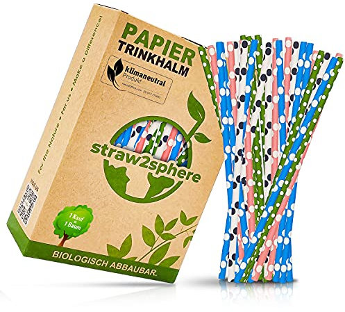 straw2sphere® Papierstrohhalme gepunktet | 160 St. | 1 Baum für jeden Kauf | Bio Strohhalme Papier | Trinkhalme Papier für Kinder | Cocktail Strohhalm Pappe | Papiertrinkhalme Hochzeit