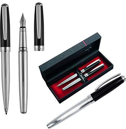 Schmalz Pierre Cardin® Schreibset CHRISTOPHE Kugelschreiber und Füllfederhalter Chrom-Schwarz mit Laser-Gravur graviert zum Geburtstag (mit Gravur)