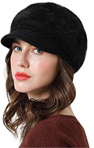 Lachi Ladies Winter Hat Beret Winter Hat for Women Knit Beanie Cabbie Cap Visor Warm Skullcap Knitted Ladies Cloche Black