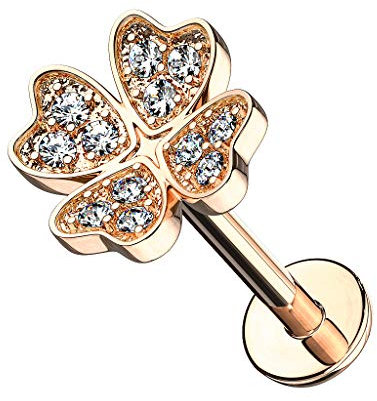 Taffstyle Piercing Stab Stecker Lippenpiercing Ohrpiercing Labret Lippe Ohr Tragus Helix Platte Stud Blume Kleeblatt mit Glitzer Kristall Rosegold 8mm