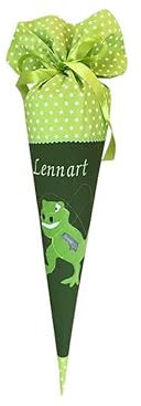 Glückspilz Schultüte mit Namen personalisiert, Dinosaurier, Zuckertüte aus Stoff, Grün