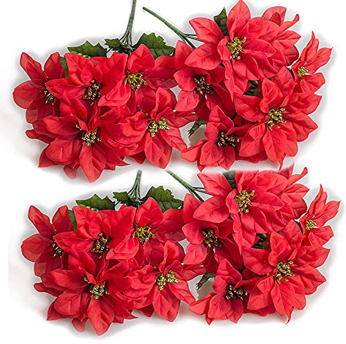 HLTER Set mit 4 künstlichen Weihnachtssternen, 7 Köpfe, künstliche Weihnachtssternsträucher, Seide, Weihnachtsstern, Blumenstrauß für Urlaub, Heimdekoration