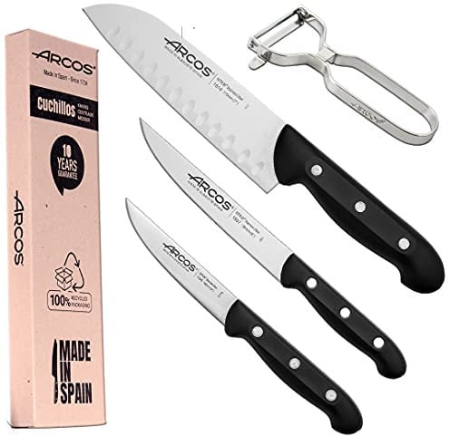 Arcos Juego de cuchillos Japoneses Profesionales | 4 piezas | Cuchillo Verduras 100 mm + Cocina 150 mm + Santoku con Alveolos 170 mm + Pelador de patatas