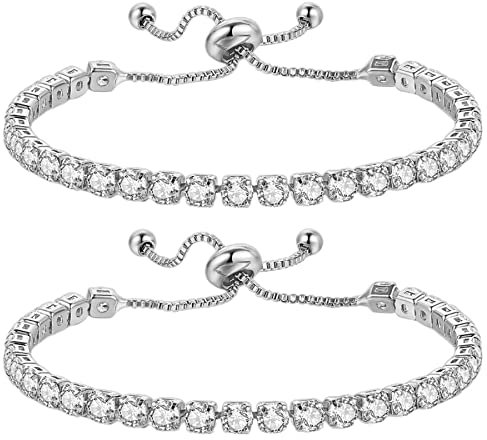 JewelryWe 2 Stück Armband Damen mit Zirkonia Steinchen, Tennisarmband Armkette Armreif Armschmuck Geschenk für Mutter, Freundin Verstellbar Silber