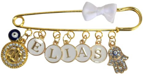 Baby Stecknadel mit Namen Anstecknadel Brosche personalisierte Baby Geschenk Mädchen Junge Glücksbringer Kinderwagen PIN (Allah, Blaue Auge & Hand)