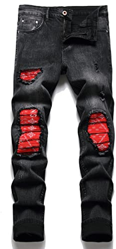 OIIIO Men's Patch Ripped Stretch Regular Fit Jean, Black Red-6607, 40