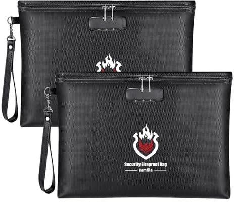 Tamfile Fireproof Document Bags Two Piece Set, Portable Fireproof File Bags with Lock for Passport, Bank Cards, Keys and Valuables, Fireproof Money Wallet Cash Pouch, Fireproof Bag Set, Black 2 pack