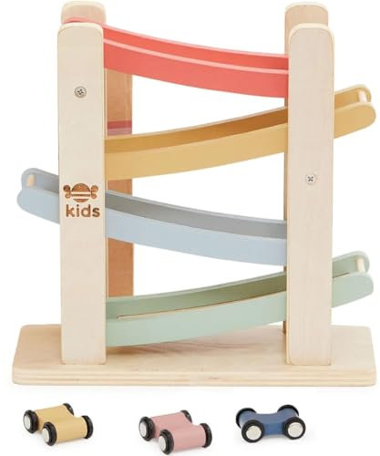 Just Bee Kids Wooden Car Ramp Toy | Toys For 1 Year Old Boys & Girls | Plastic-Free | Pastel Baby Colours | Rounded Edges | Click Clack Racing Track | 1st Birthday Gifts