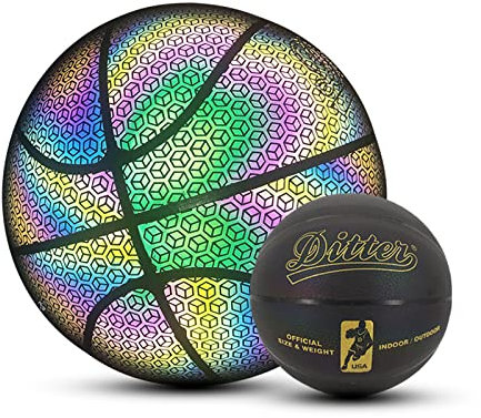 JUKIDS Holographischer Basketball, leuchtet im Dunkeln, leuchtender reflektierender Basketball, leuchtender Basketball, Größe 7 (29,5) für Kinder und Erwachsene, PU-Leder-Basketball