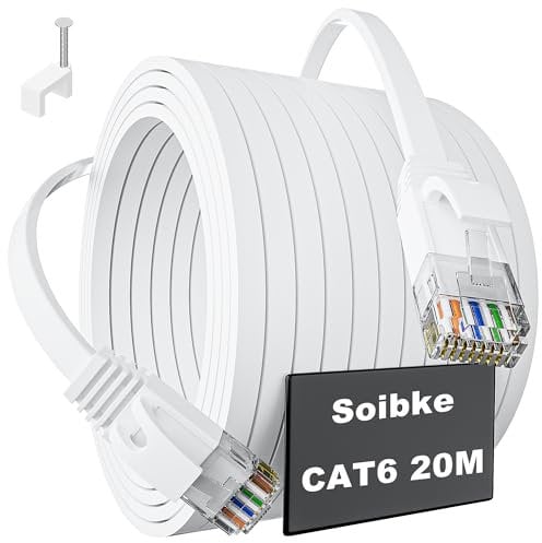 Soibke Cable Ethernet 20 Metros, Cable de Red Cat 6 20m Plano, Cable Internet 20 Metros Cable LAN Alta Velocidad 10/100/1000 Mbits, Largo Gigabit Cable RJ45 Interior para Módem Rúter (Blanco)