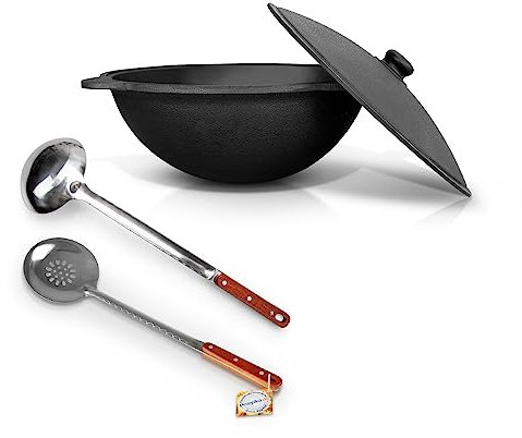Gusseisen Kazan 12 L – Usbekischer Kasan mit Aluminiumdeckel, Schöpfkelle (44–47 cm) & Schaumlöffel (48 cm) – Ideal für Plov, WOK, Feuerofen – плов казан