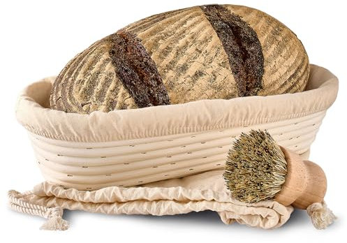 Praknu Bread Proofing Basket Oval 35cm - Large Banneton Proving Basket Natural Rattan Set with Brush, Linen Cloth and Bread Bag - for Baking Bread, Bread Baking Accessories