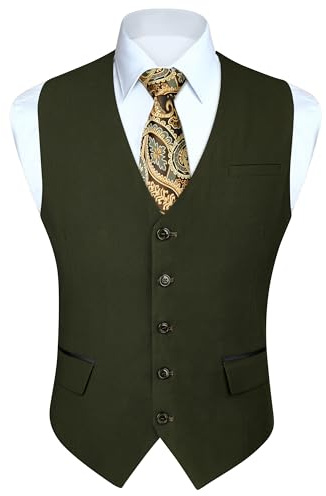 HISDERN Gilet Costume Homme Olive Verte Gilets sans Manche Mariage Business Gilet Classique Couleur unie avec Poches L