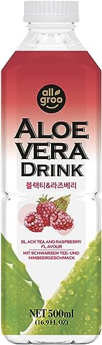 Allgroo Aloe Vera Drink - Erfrischendes Aloe-Vera-Getränk - Geschmacksrichtung: Schwarzer Tee und Himbeere mit Fruchtfleisch - Einwegpfand, Vorteilspack 12 x 500 ml