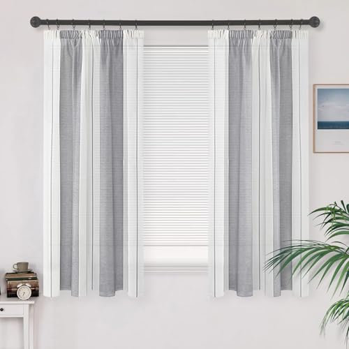 MRTREES Gardinen Kurz Vorhänge Mit Kräuselband Für Schiene Gardine Grau und Weiß Streifen und Vorhänge 122x140 cm 2 Set