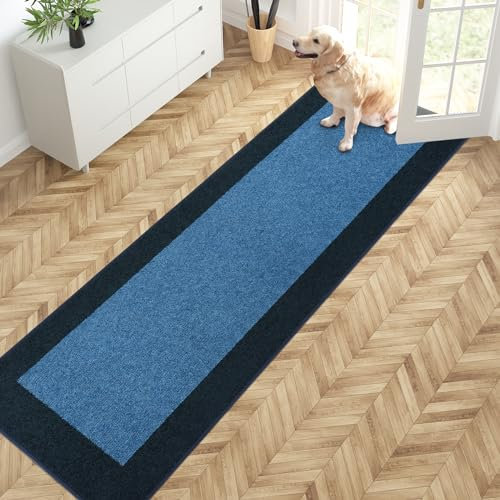 PURRUGS Dirt Trapper Door Mat 24 x 84, Non-Slip/Skid Machine Washable Entryway Rug, Shoes Scraper, Throw Rug, Super Absorbent Area Rug for Muddy Wet Shoes and Paws, Light Blue & Navy