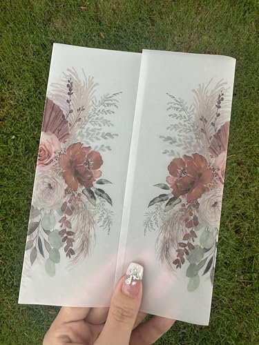 Puremigo Pergamenthüllen, vorgefaltet, für 12,7 x 17,8 cm große Einladungen, Bohomuster, 115 g/m², Pergamentpapier, Hochzeitseinladungen, transparent, 50 Stück