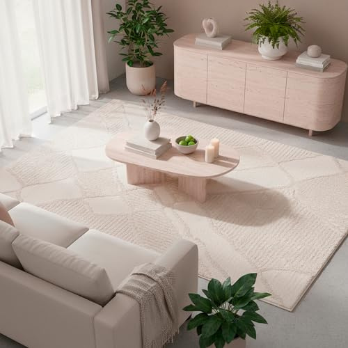 Tesso Living Weicher Hochflor Teppich im Vintage-Look – 120 x 160 cm – Weiß Shaggy-Design mit Berbermuster – Boho & Scandi Stil – ideal für Wohnzimmer & Schlafzimmer