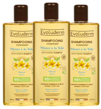 EVOLUDERM - Shampoo idratante Monoi alla Folie - 400 ml - 95% di origine naturale - Vegan - Fabbricazione francese - Confezione da 3 x 400 ml
