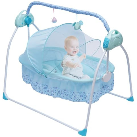 Elektrische Babywiege Babybett Elektrische Babyschaukel Automatische Stubenwagen BabyWippe Reisebett Kinder mit Bluetooth 25KG, Automatischer Schaukel Elektrische Schaukelstuh mit netz (Blau)
