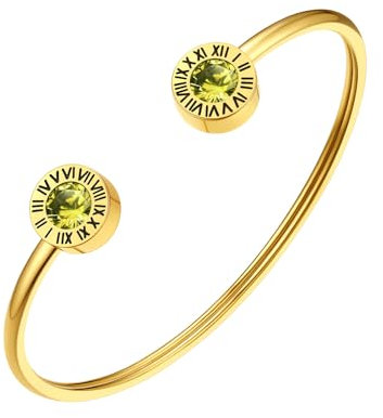 FindChic Kristall Armreif Damen Edlestahl Römische Ziffer Goldarmbänder Geburtsstein Peridot Armkette Offen Armschmuck für Muttertag Valentinstag Geburtstag Weihnachten