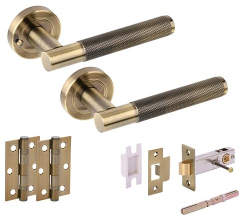 Hunta HANDLEZONE® Evo Knurled Grip Privacy Door Handle Pack, Complete with Lever Handles, 76mm Latch, 75mm Ball Bearing Hinges - Antique Bronze