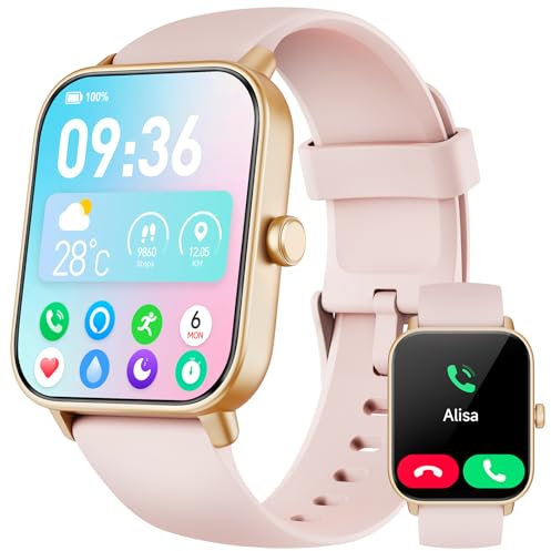 Smartwatch Damen mit Telefonfunktion, Alexa eingebaute 1.8'' Fitnessuhr Damen mit Herzfrequenz, SpO2, Schlaf, Stress Monitor, 100+ Sportmodi, IP68 Wasserdicht Uhr für Android iOS (Rosa)