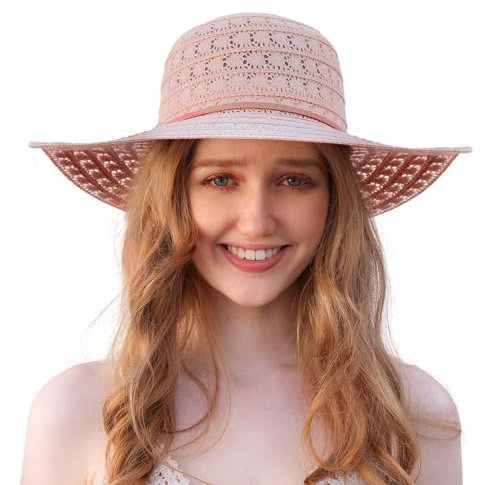 Procity Faltbarer Strohhut Damen Sonnenhut UV Schutz Strandhut mit Breiter Krempe Paris Pink